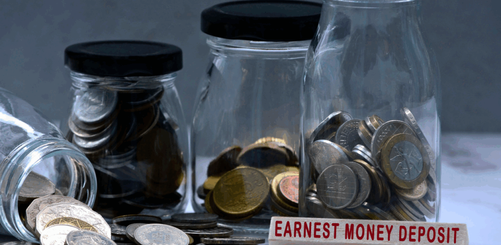 Glass jars filled with coins labeled “Earnest Money Deposit” for home purchase savings
