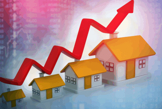 Rising red arrow over model houses symbolizes real estate market growth