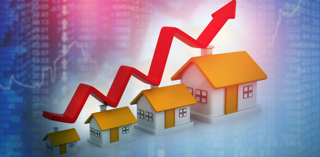Rising red arrow over model houses symbolizes real estate market growth