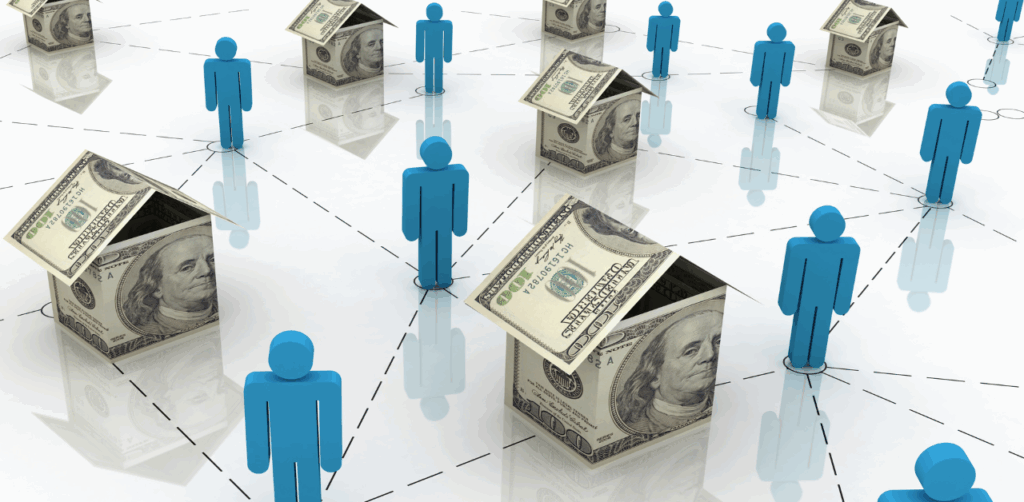 Blue figures and dollar houses connected by lines, symbolizing mortgage interest rates network