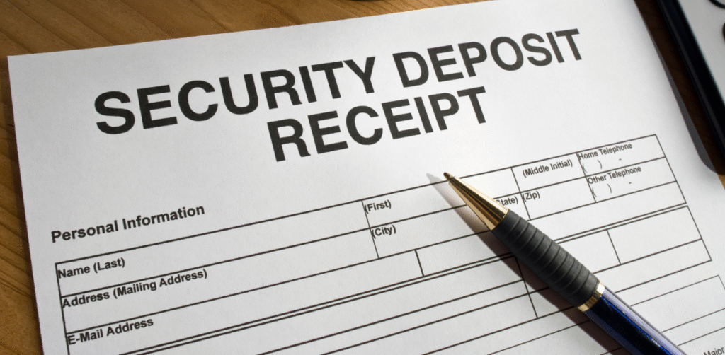Close-up of security deposit receipt form with pen, representing rental agreement and tenant documentation