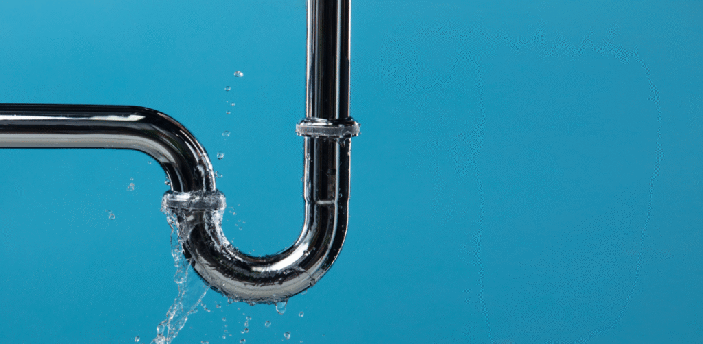 Close-up of leaking metal drain pipe with water dripping, illustrating plumbing problem and water damage risk