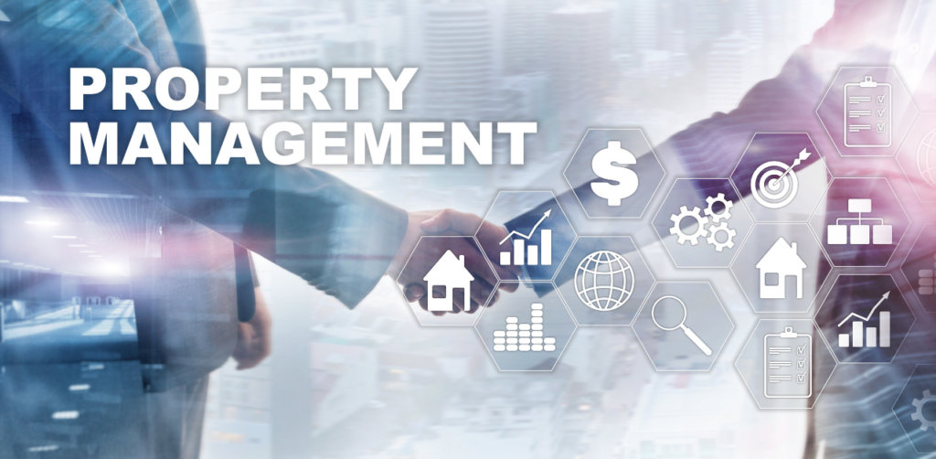 Two individuals shaking hands in front of a digital overlay with icons and the words Property Management on a city background