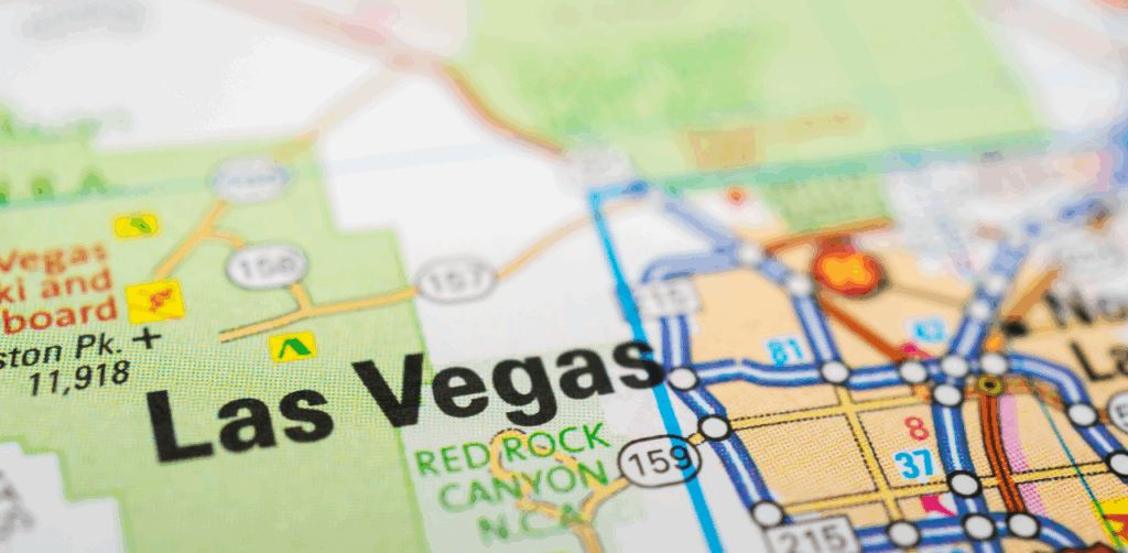 Close-up of a map highlighting Las Vegas and surrounding areas including Red Rock Canyon