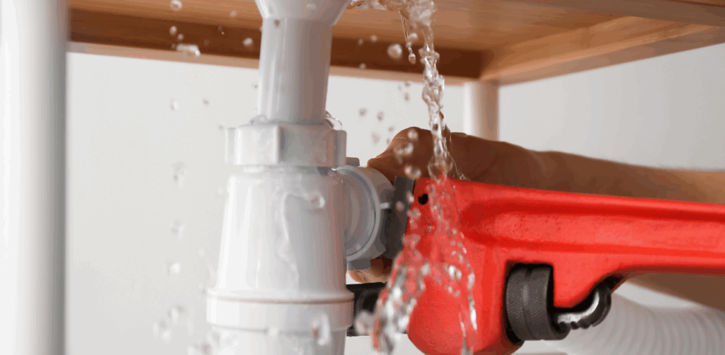 Hand with wrench fixes leaking white plastic pipe under sink, water spraying during emergency repair