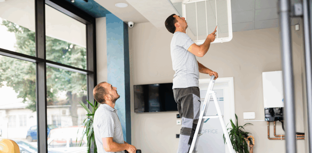 Technician on ladder services ceiling air vent while colleague observes in a modern office