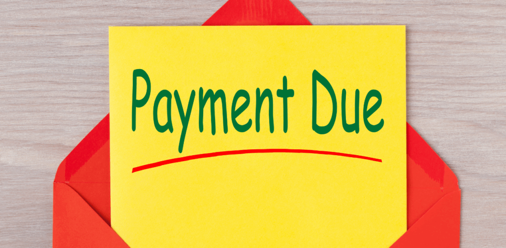Yellow “Payment Due” card inside red envelope, symbolizing a financial obligation or rent notice