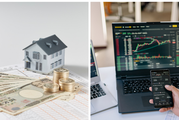 House model with cash and coins on documents, alongside stock trading screen on laptop and phone, representing real estate and investment