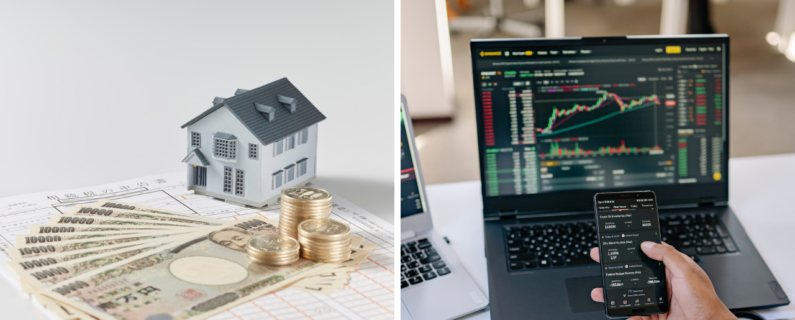 House model with cash and coins on documents, alongside stock trading screen on laptop and phone, representing real estate and investment