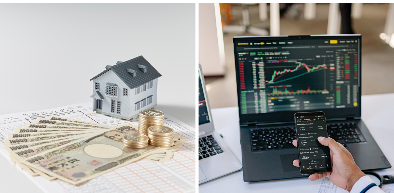 House model with cash and coins on documents, alongside stock trading screen on laptop and phone, representing real estate and investment