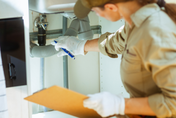 Plumber examining pipes under sink, assessing plumbing system and noting repairs on inspection checklist