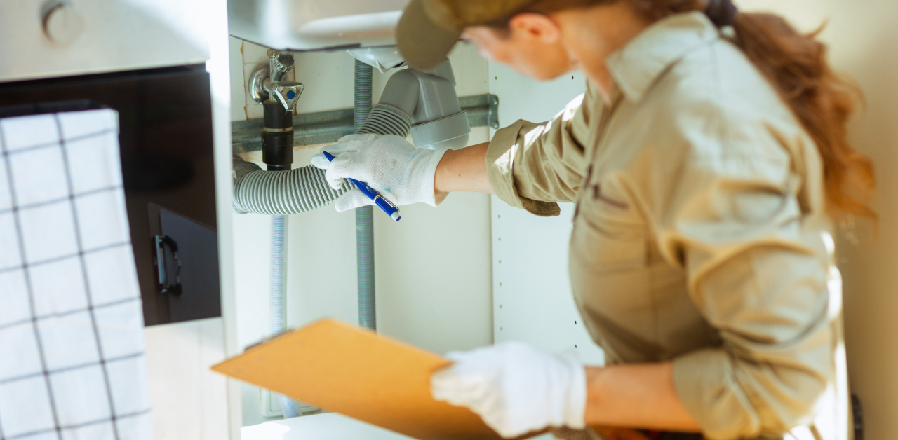 Plumber examining pipes under sink, assessing plumbing system and noting repairs on inspection checklist
