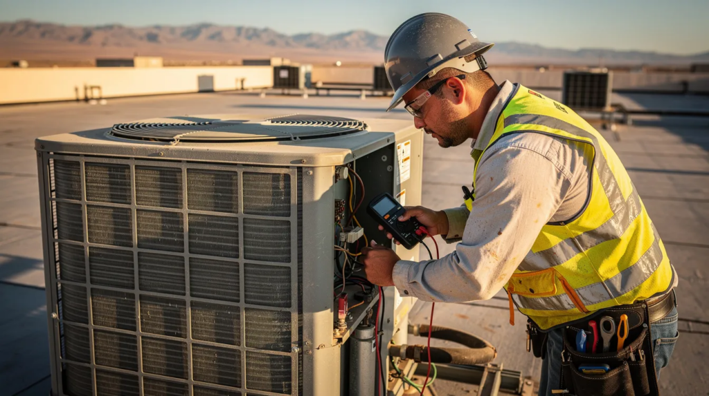A technician in a hard hat and reflective vest tests a rooftop HVAC unit with a handheld meter