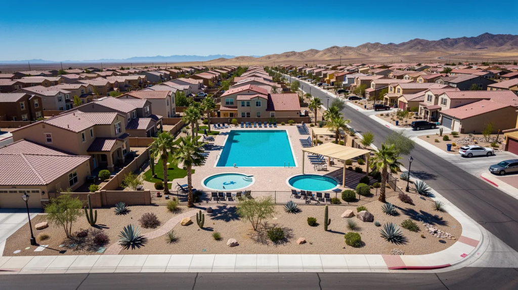 Aerial view of a desert neighborhood surrounding a community swimming pool, smaller pools, palm trees, and landscaped grounds