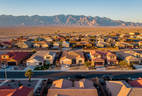 Aerial view of a suburban neighborhood with rows of homes and palm trees stretching toward rugged desert mountains
