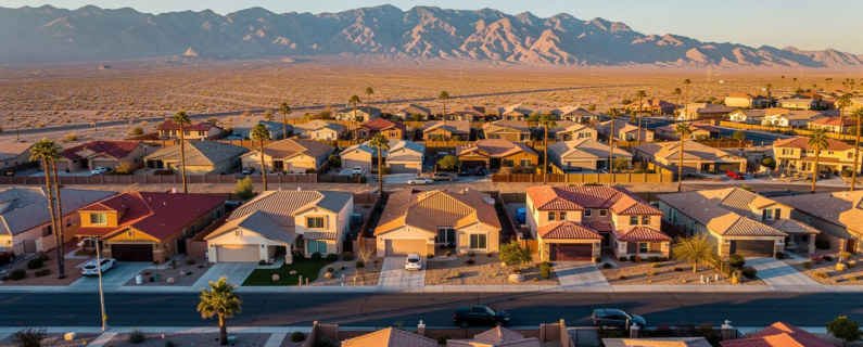 Aerial view of a suburban neighborhood with rows of homes and palm trees stretching toward rugged desert mountains