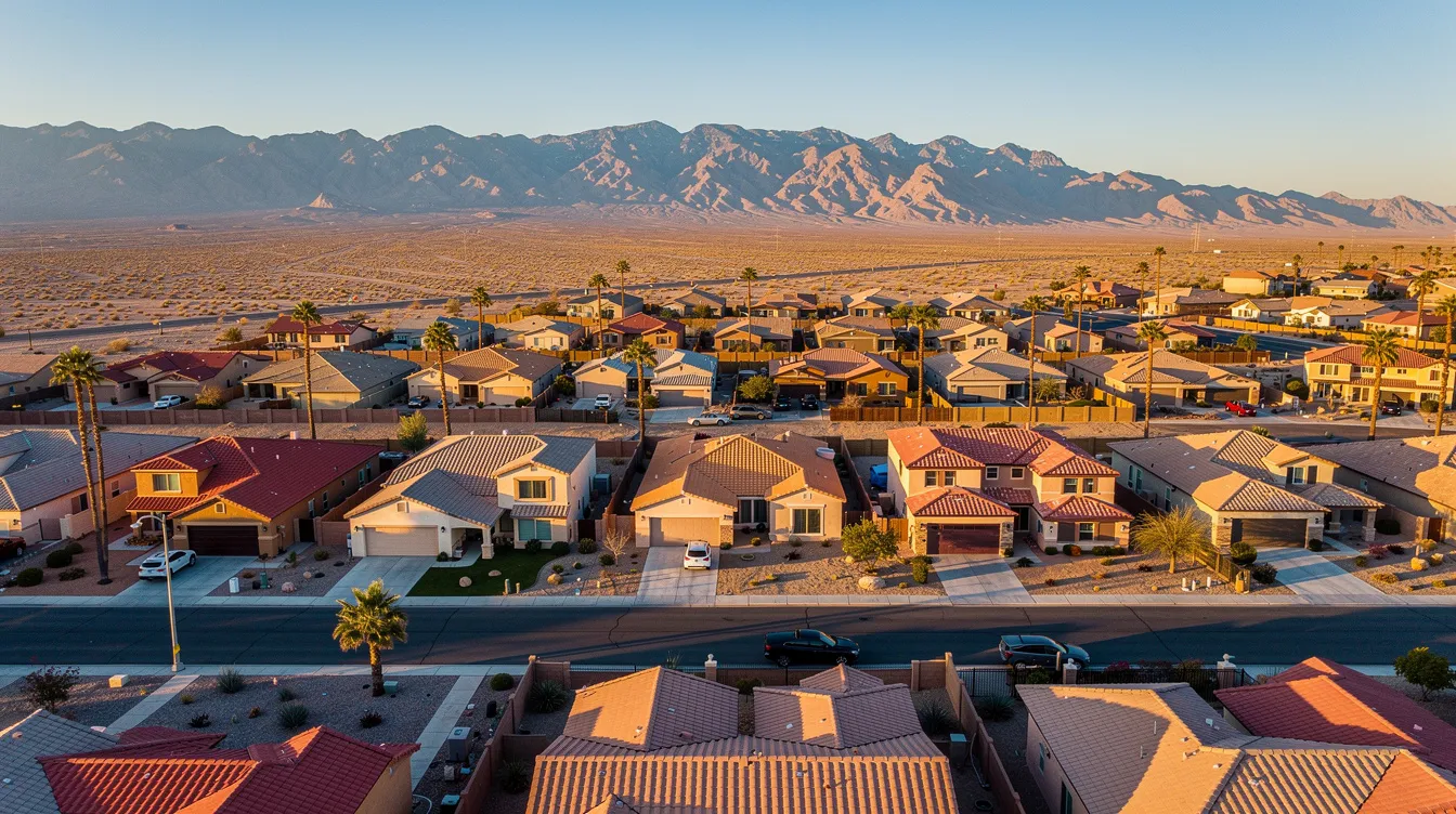 Aerial view of a suburban neighborhood with rows of homes and palm trees stretching toward rugged desert mountains