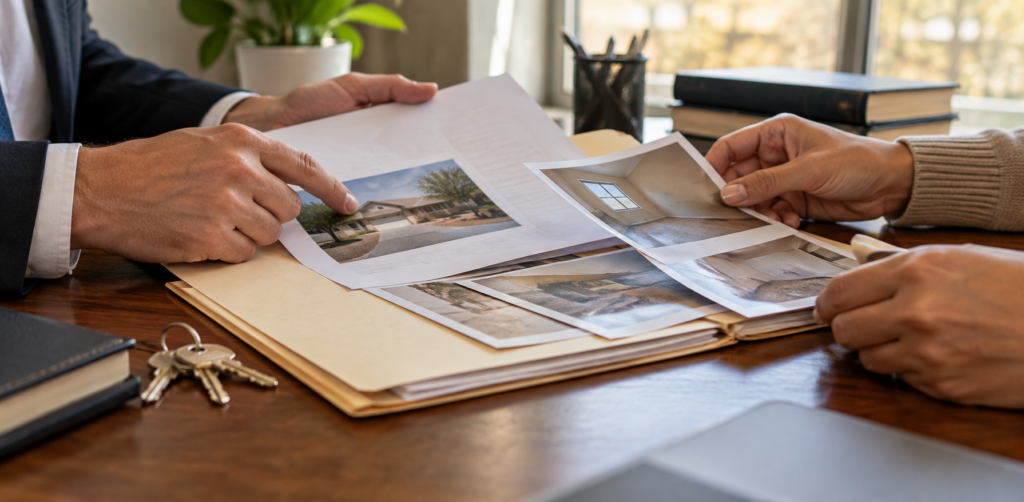 Close view of people examining photographs of a home and its interior alongside property documents and keys