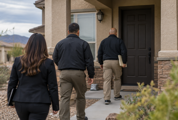 Three professionals carrying folders approach the front entrance of a suburban home