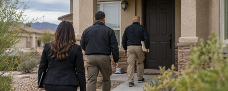 Three professionals carrying folders approach the front entrance of a suburban home