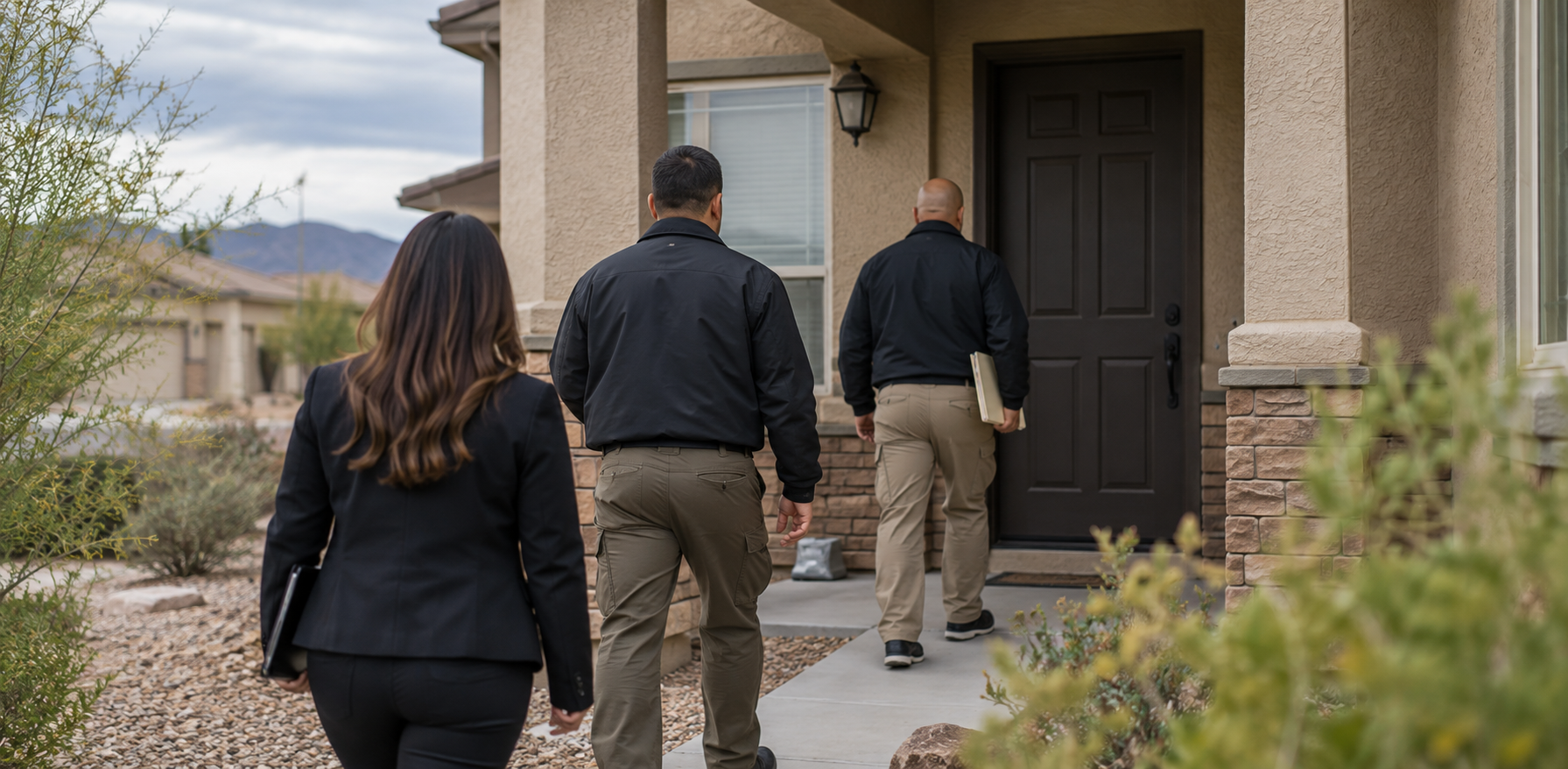 Three professionals carrying folders approach the front entrance of a suburban home