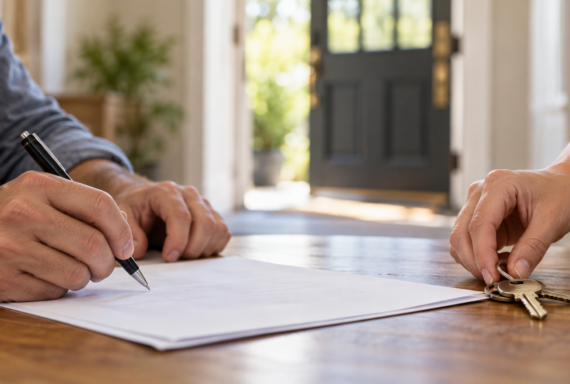 Two people completing a real estate transaction, with one signing documents and the other presenting house keys across a wooden table inside a residential home