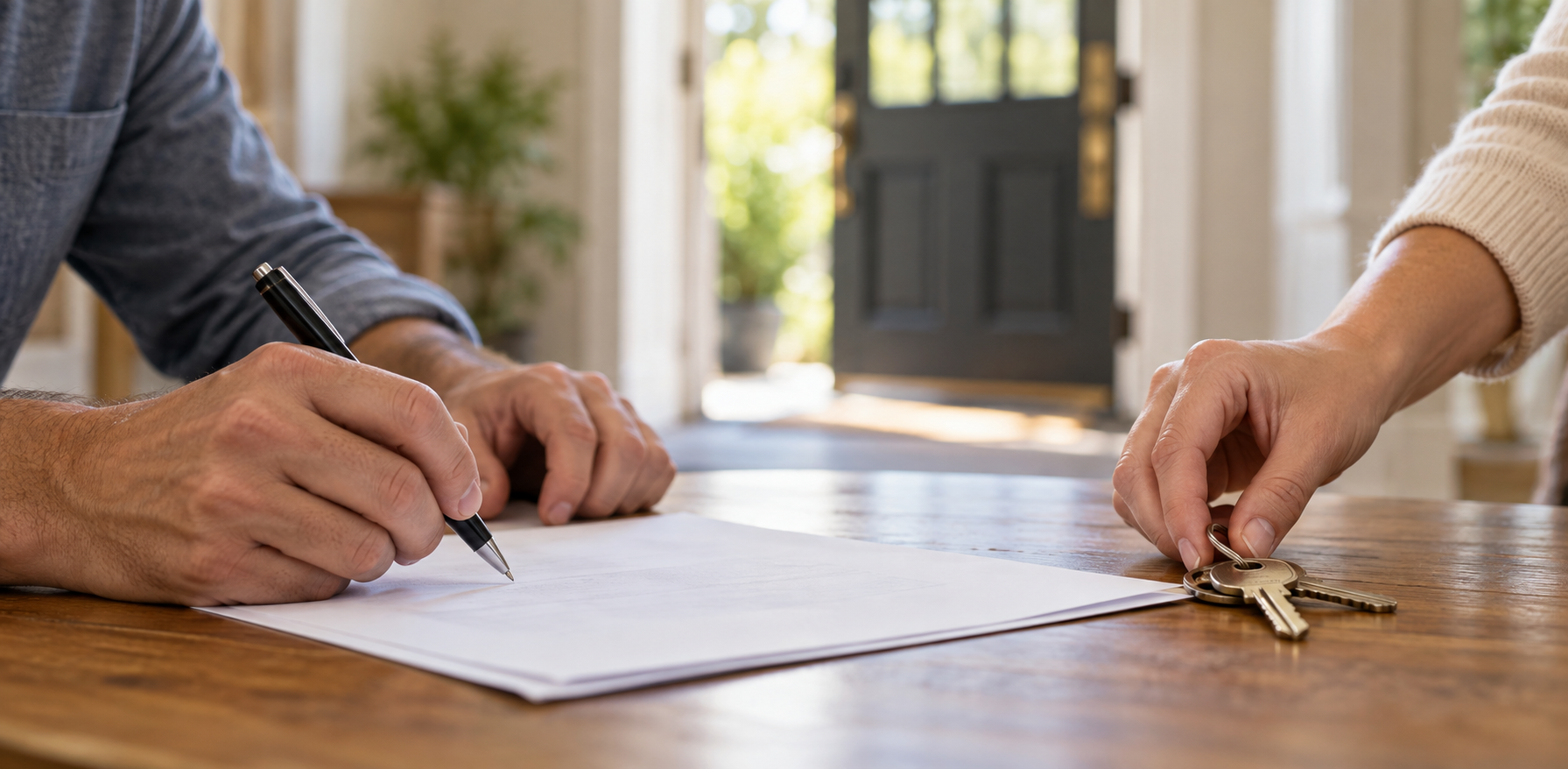 Two people completing a real estate transaction, with one signing documents and the other presenting house keys across a wooden table inside a residential home